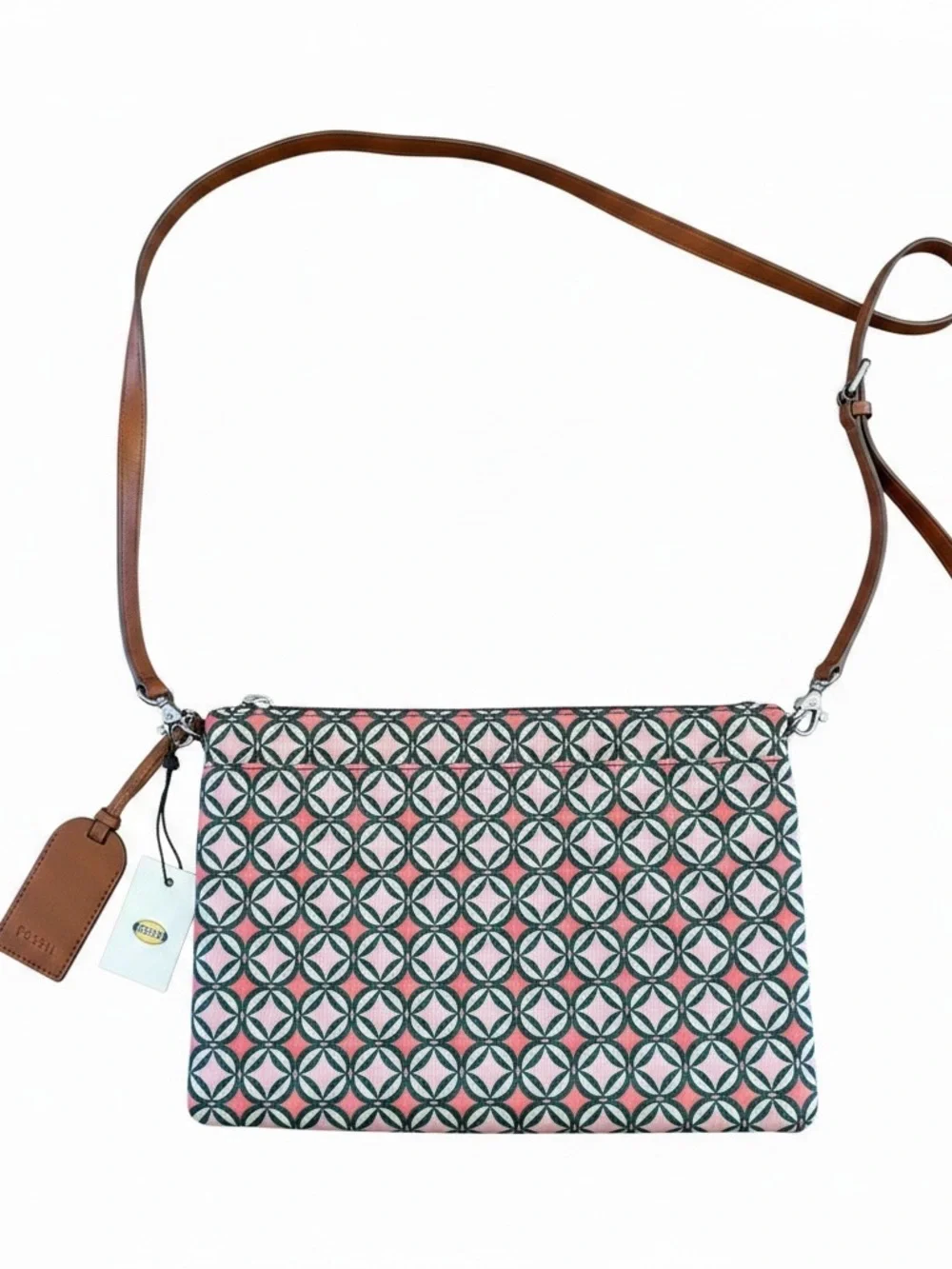 Fossil Sydney Pink Geometric Print Crossbody with Brown Leather Trim